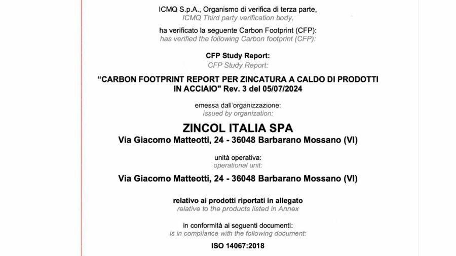 Certificato Footprint prodotti CFP ZInCol